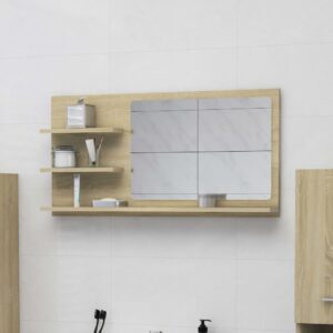 Chic Sonoma Oak Finish Wall Mirror with Shelves Contemporary Bathroom Decor