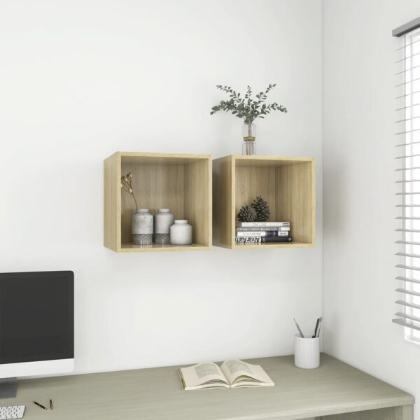 Chic Sonoma Oak Floating Wall Cabinets Set of Two - Engineered Wood Storage