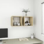 Chic White Sonoma Oak Floating Wall Shelves Cube Storage Display Units Pair