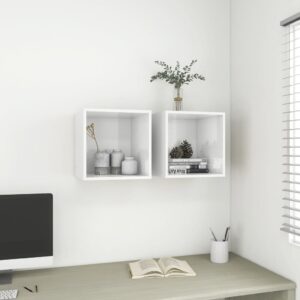 Chic High Gloss White Floating Wall Shelves Cube Storage Display Units Pair