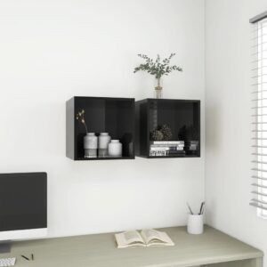 High Gloss Black Floating Wall Cabinets Set of Two - Engineered Wood Storage