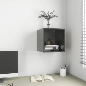 Chic High Gloss Grey Floating Wall Cabinet Cube Storage Engineered Wood