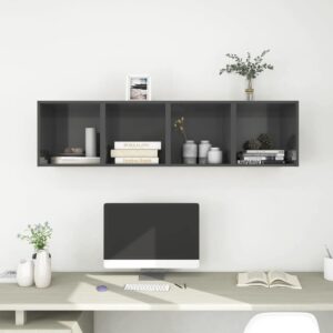 High Gloss Grey Floating Wall Cabinet Set Engineered Wood Decorative Storage