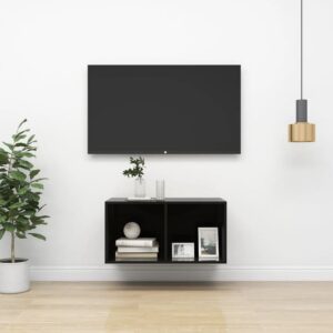 High Gloss Black Wall-Mounted TV Stand Storage Cabinet Engineered Wood Chic