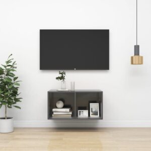 High Gloss Grey Wall-Mounted TV Stand Engineered Wood Storage HiFi Cabinet