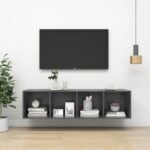 High Gloss Grey Wall-Mounted TV Stand Storage Cabinet Engineered Wood Organizer