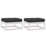 White Solid Pinewood Garden Footstools with Anthracite Cushions Set of 2