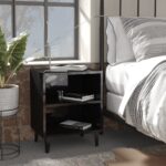 High Gloss Black Bedside Cabinets with Metal Legs Industrial  Storage Pair