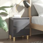 Scandinavian  High Gloss Grey Bedside Cabinet Solid Wood Legs Storage Nightstand