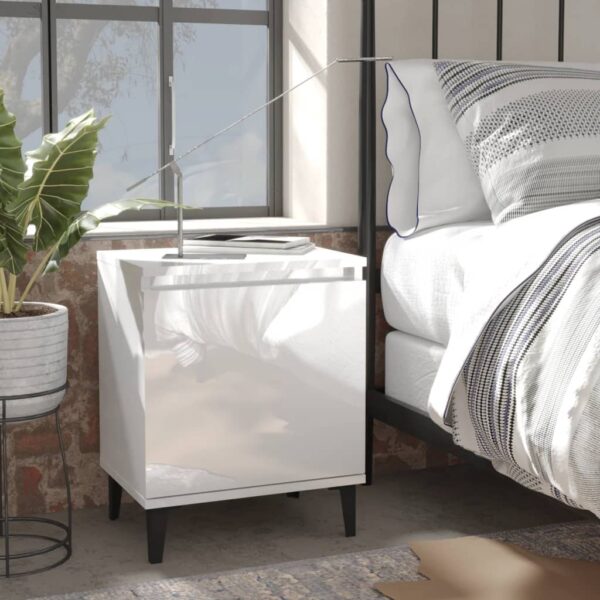 Bed Cabinet with Metal Legs High Gloss White 40x30x50 cm