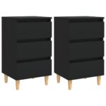 Chic Black Bedside Nightstands Set of 2 - Solid Wood Legs  Three Drawers Storage