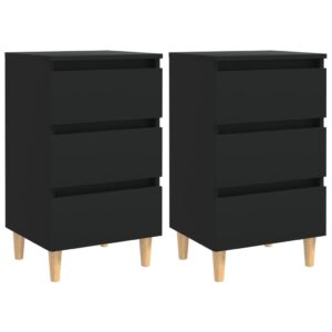 Chic Black Bedside Nightstands Set of 2 - Solid Wood Legs  Three Drawers Storage