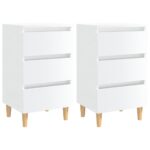 Chic High Gloss White Bedside Cabinets with Wooden Legs - Pair of Nightstands