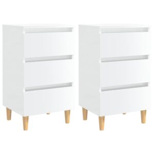 Chic High Gloss White Bedside Cabinets with Wooden Legs - Pair of Nightstands