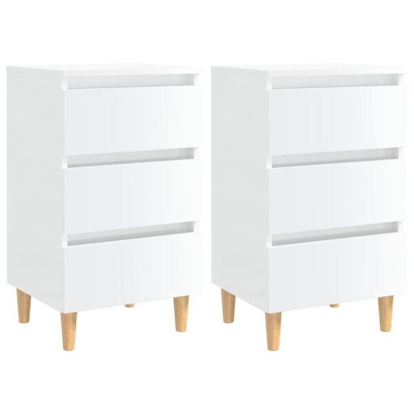 Chic High Gloss White Bedside Cabinets with Wooden Legs - Pair of Nightstands