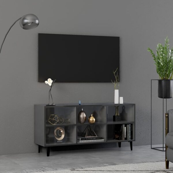 Chic High Gloss Grey TV Stand Cabinet Industrial  with Metal Legs Storage