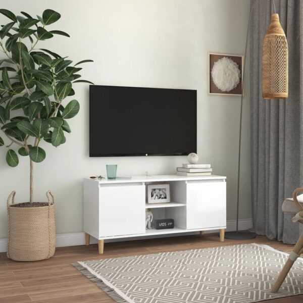 TV Cabinet & Solid Wood Legs High Gloss White 103.5x35x50 cm