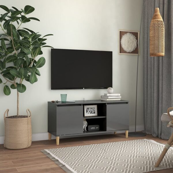 Chic High Gloss Grey TV Stand Cabinet with Solid Wood Legs and Storage