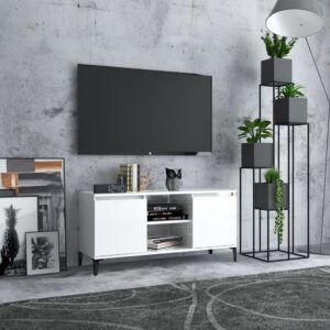 Chic High Gloss White TV Stand Cabinet with Metal Legs Storage Organizer