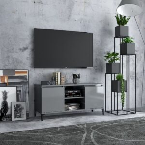 Chic High Gloss Grey TV Stand Cabinet Industrial Metal Legs Storage Organizer