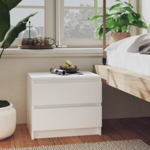 Chic White Bedside Nightstand Cabinet Engineered Wood Two Drawers Storage Organizer