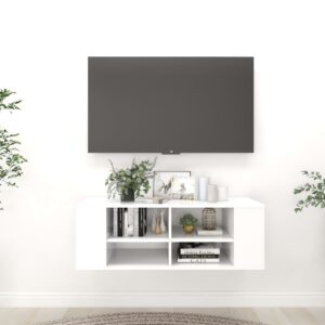 Chic White Wall-Mounted TV Cabinet Adjustable Shelves Storage Organizer Wood