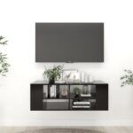 Chic Black Wall-Mounted TV Cabinet Adjustable Shelves Storage Organizer Wood