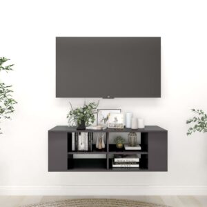 High Gloss Grey Wall Mounted TV Cabinet Adjustable Shelves Storage Organizer