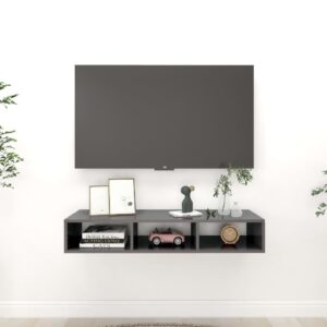 High Gloss Grey Floating Wall Shelf Engineered Wood Multi-Compartment Storage