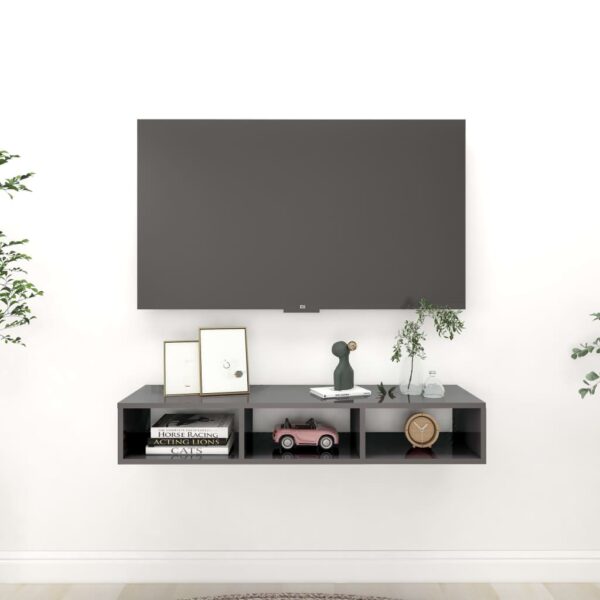 High Gloss Grey Floating Wall Shelf Engineered Wood Multi-Compartment Storage