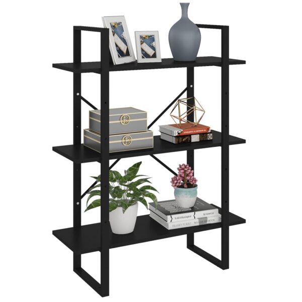 Modern Industrial Black Bookshelf Engineered Wood Metal Frame 3-Tier Storage