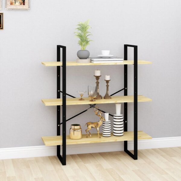 Solid Pine Wood Industrial  Bookcase with Three Shelves for Storage Display