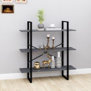 Solid Pine Wood Grey 3-Tier Book Cabinet Industrial Look Storage Organizer Shelf