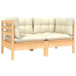 Outdoor Patio Loveseat Solid Wood Garden Sofa with Cream Polyester Cushions