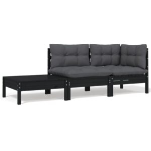 3 Piece Garden Lounge Set with Cushions Black Solid Pinewood