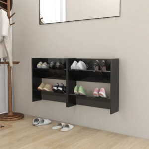 High Gloss Black Wall-Mounted Shoe Cabinet Tipping Shelves Space-Saving Organizer