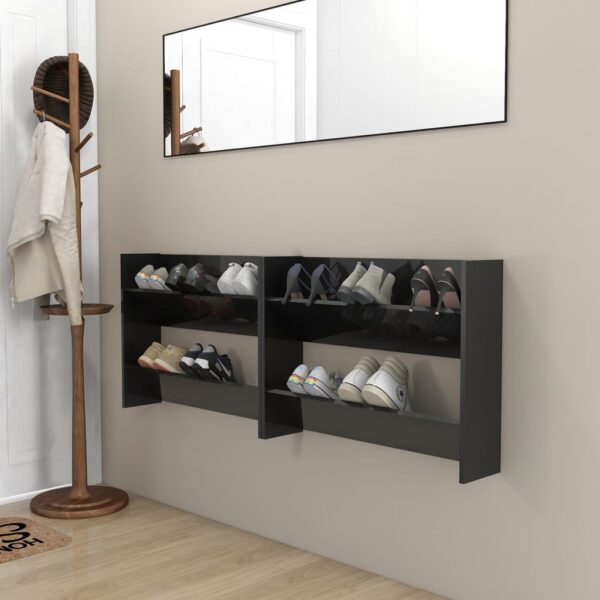 High Gloss Black Wall-Mounted Shoe Cabinet Tipping Shelves Space-Saving Organizer