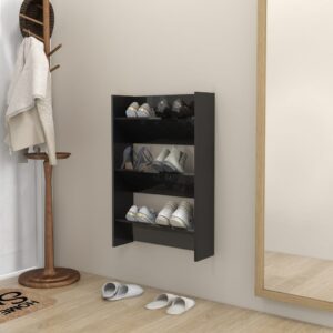 High Gloss Black Wall-Mounted Shoe Cabinet Modern Tipping Shelves Space Saver