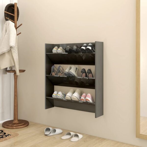 Modern High Gloss Grey Wall-Mounted Shoe Cabinet with Tipping Shelves Storage