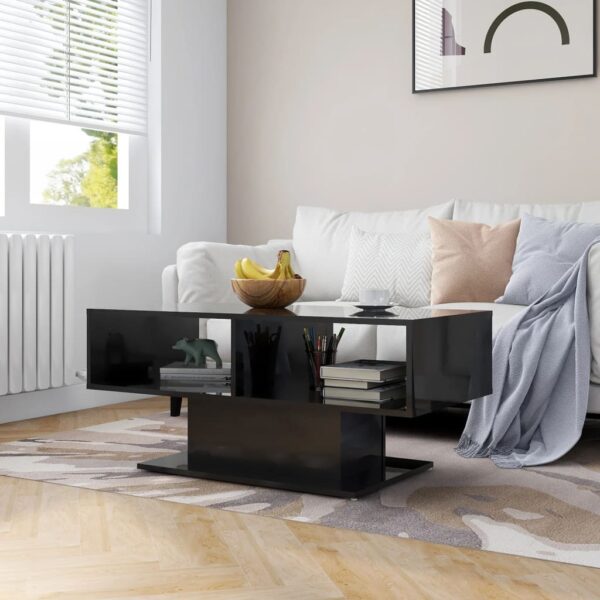 Modern High Gloss Black Coffee Table Engineered Wood with Storage Shelf