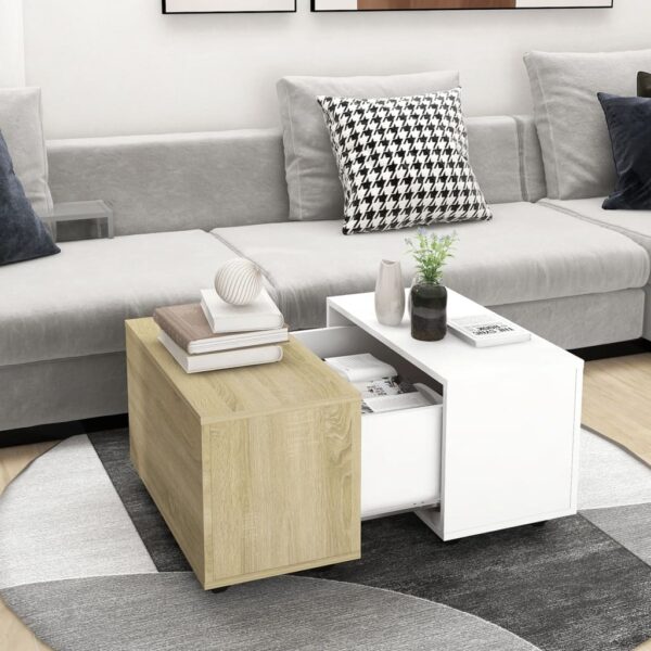 Elegant Extendable Coffee Table White Sonoma Oak Finish with Storage on Wheels