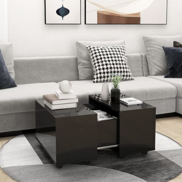 Elegant High Gloss Black Coffee Table Extendable with Storage and Wheels