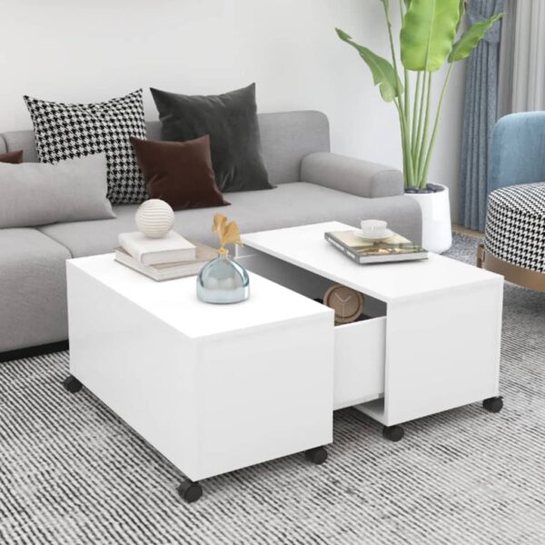 Chic White Coffee Table Durable Engineered Wood Extendable Storage Modern Design