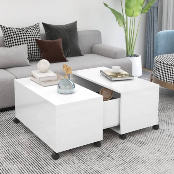 High Gloss White Coffee Table Durable Engineered Wood Extendable Storage Modern