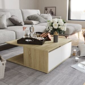 Elegant White Sonoma Oak Coffee Table Durable Engineered Wood Spacious Storage