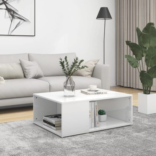 Modern High Gloss White Coffee Table Engineered Wood with Shelves Storage Chic