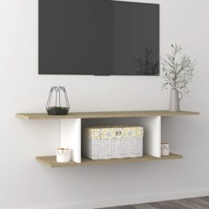 Chic White Sonoma Oak Wall Mounted TV Cabinet Media Console Storage Shelf