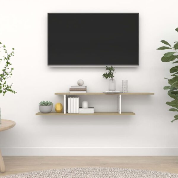 Modern Wall-Mounted TV Shelf White Sonoma Oak Finish Engineered Wood Storage