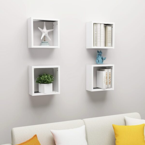 Modern White Floating Wall Cube Shelves Set of Four - Decorative Storage