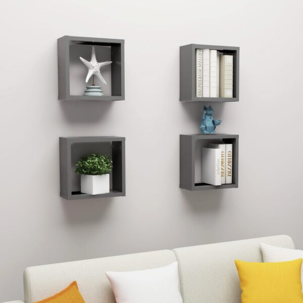 Modern Grey Floating Wall Cube Shelves Set of Four - Decorative Storage Display